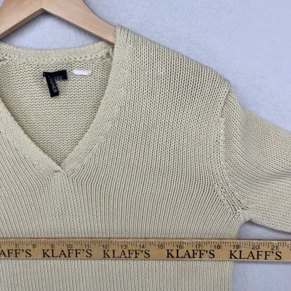 EILEEN FISHER Sweater S Cotton Chunky V-Neck Rolled Hem Pullover Off White VTG